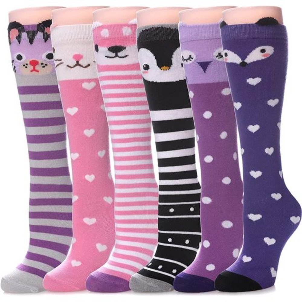 6 Pairs Girls Socks Knee High Stockings Cartoon Animal Warm Cotton Socks